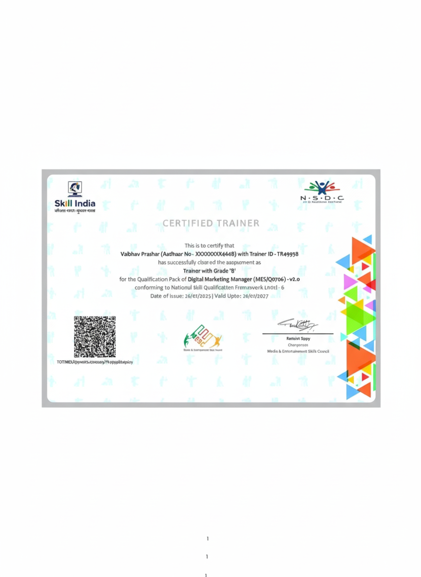VAIBHAV PRASHAR Digital Marketing Certified (MSME – Government of India)