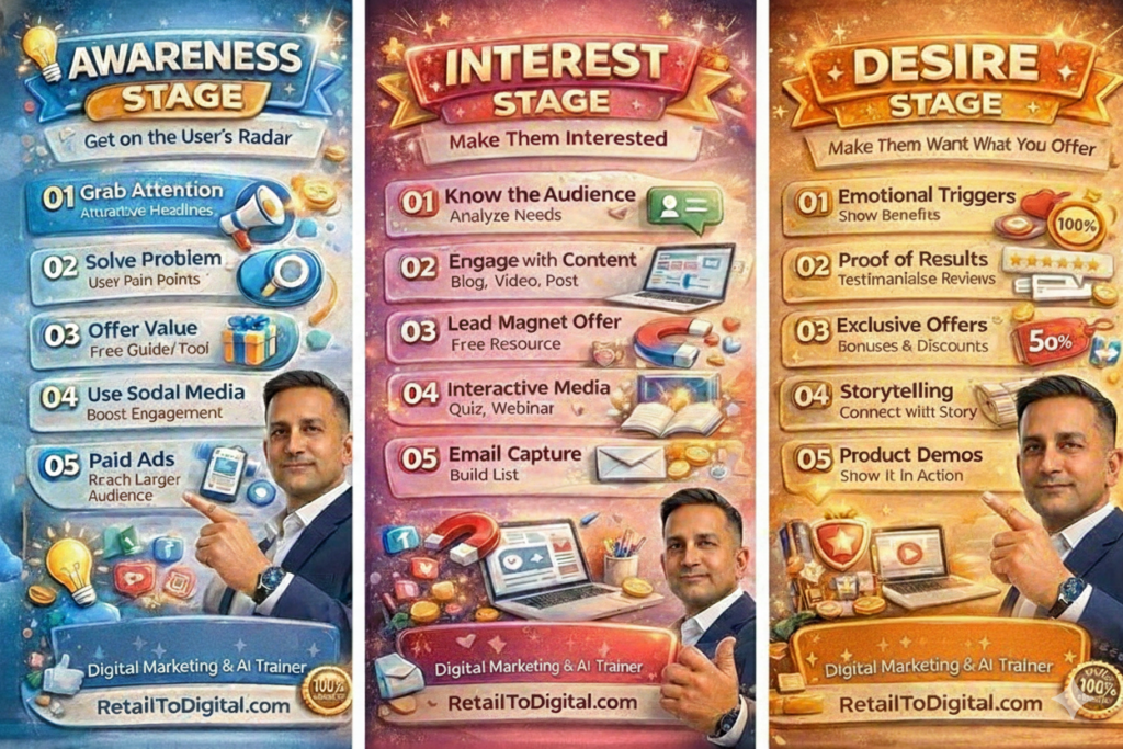 AIDA Model infographic showingAwareness, Interest, Desire and Action stages in digital marketing explained by Vaibhav Prashar Digital Marketing and AI Trainer