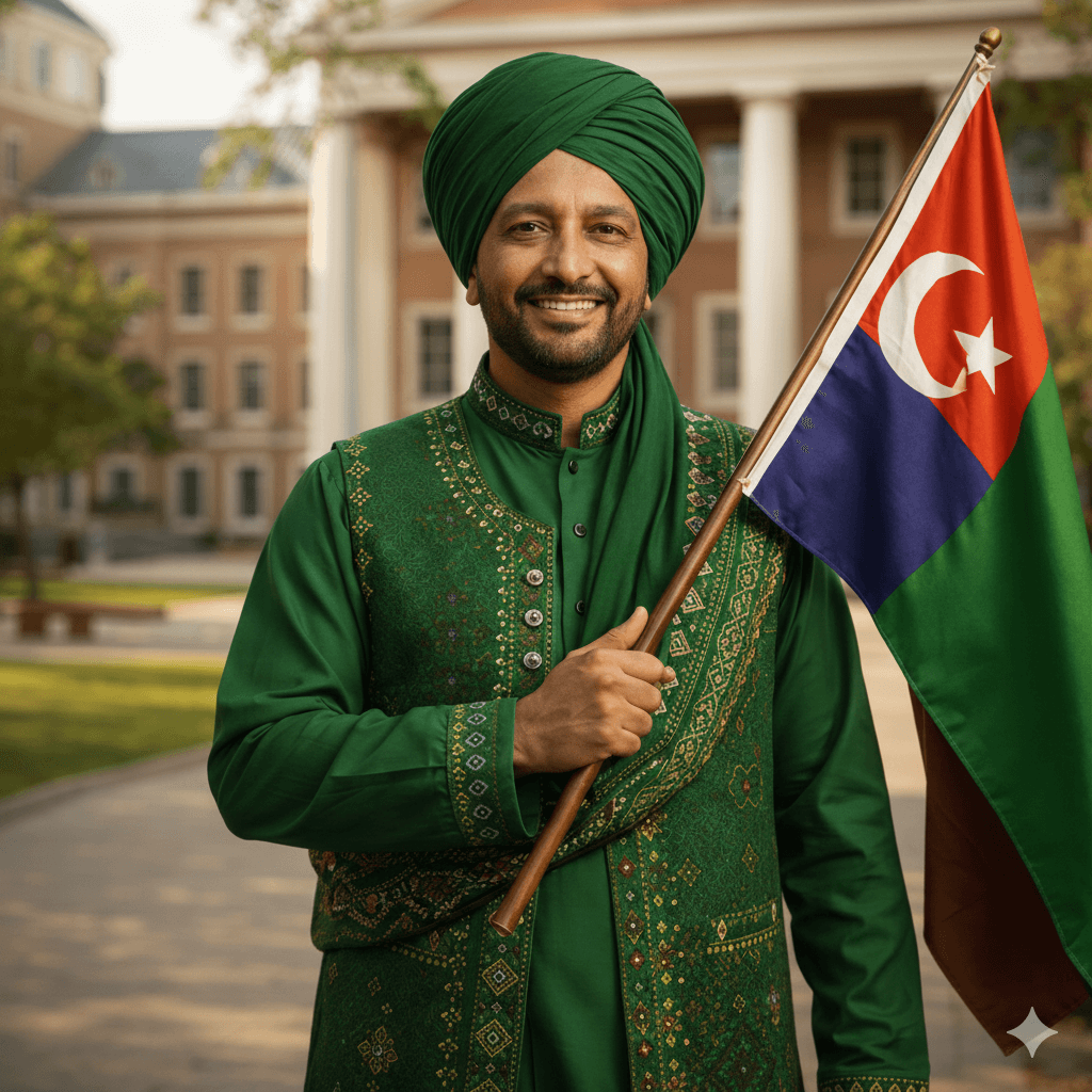 Vaibhav Prashar holding the Balochistan flag, inspiring Pashtun and Baloch youth through digital marketing and AI education
